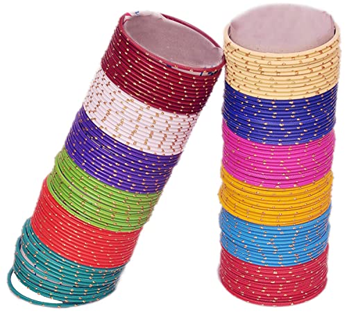 Jewar Colorful Bangle Multi-Color Collection Indian Bollywood Exclusive Silver Golden Glitters Glossy Glaze Exotic Matte Vintage Textured Colorful Fashion Designer Metal Jewelry Bangle Bracelets Set of 12*12=144 Piece for Women4