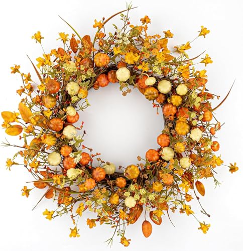DIYFLORU 22 Inches Rustic Fall Wreath Farmhouse Autumn Wreaths for Front Door White Orange Pumpkin Wreath with Wildflowers for Harvest Celebrate Window Wall Porch Door Hanging Decoration