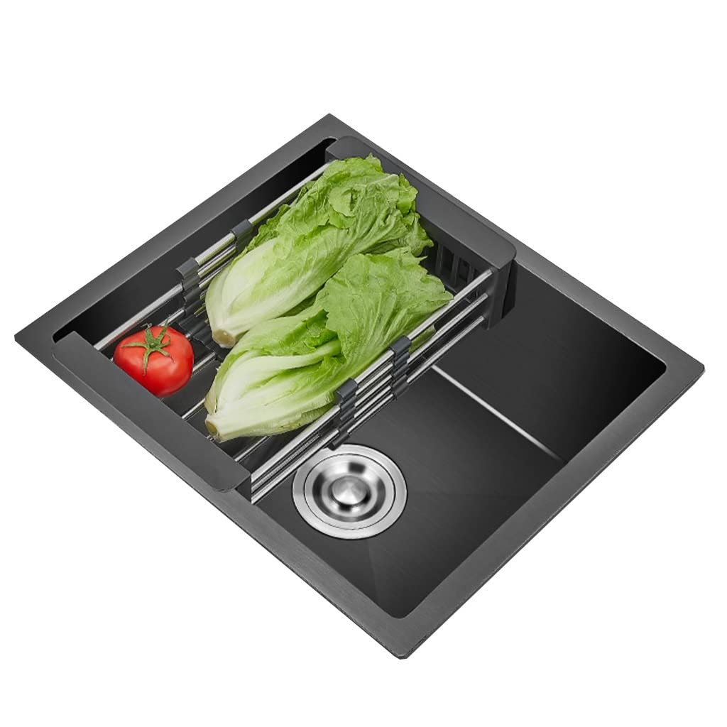 Lavello a vasca singola in acciaio inox a vasca singola da incasso, lavello a sifone da incasso, nero, 52 x 40 cm,