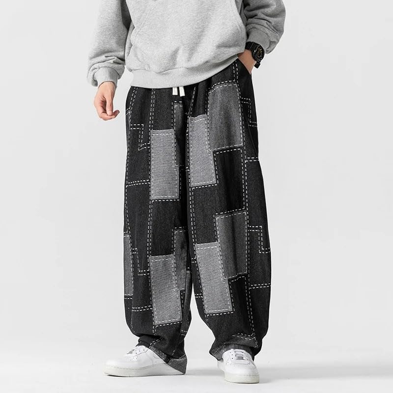 Japanese Men Jeans Autumn Vintage Patchwork Hip Hop Denim Pants Male Straight Loose Baggy Cowboy Trousers2