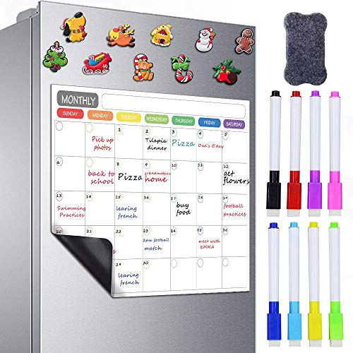 Plartree Pizarra Blanca Magnética para Nevera, Calendario Mensual Pizarra Magnética de Borrado en Seco con 8 Marcadores de Color + 10 Imanes de Nevera + 1 Borrador