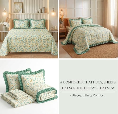 Image of BSB HOME 4 Piece Bed in a Bag Set - Cotton Feel 280 TC Bedsheet with Comforter & 2 Frill Pillow Covers, Soft Luxury Bedding Set for Double /King Size Bed, Ideal Gift Set (French Vanilla)