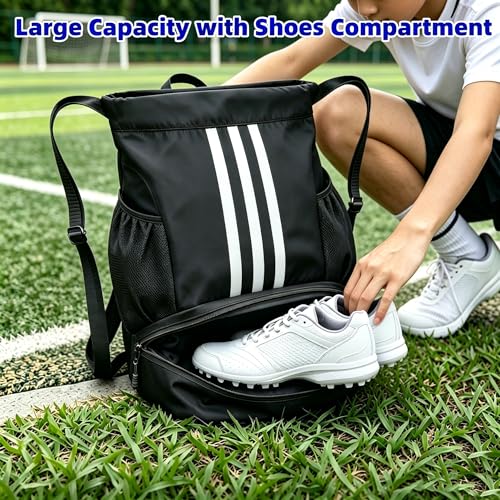 Image of Soccer Bag, Youth Soccer Basketball Bag with Compartments Drawstring Backpack for Football Volleyball Gym Training (Black)