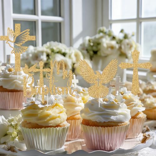 My Bapstim Cupcake Toppers, God Bless First Communion Decorations, Dove Cross Cupcake Picks, Religious Baptism Christening Baby Shower 1st Birthday Party Decorations 20pcs (Gold) by Calarjeta - Used condition - Image 3