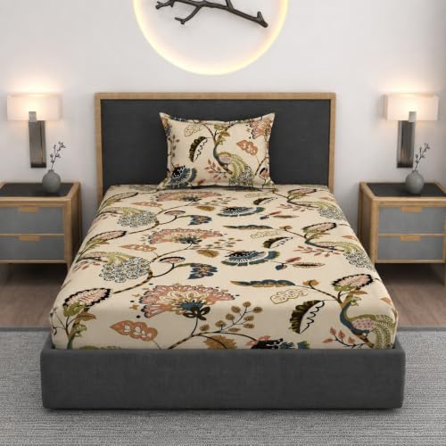 Image of Vram Premium Heavy Cotton Flat Bedsheets with 1 King Size Pillow Covers || Single Bed 350 TC || 60 x 90 Inch Single Size Flat || :- Jaipuri Peacock