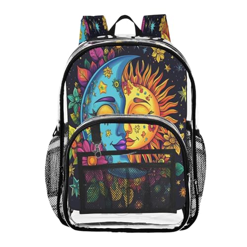 Colorful Moon Sun Flower Clear Backpack Heavy Duty See Through Transparent PVC BookBag for Kids Boy Girl School Work