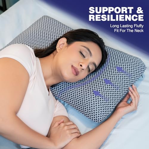 Image of WELLGIVER Ergonomic Memory Foam Pillow for Neck Pain | 2 Years Warranty | 21 x 14 x 4.5 Inch | Orthopedic Pillow for Side Sleeping | Removable Washable Jacquard Midnight Blue Cover | Pack of 2