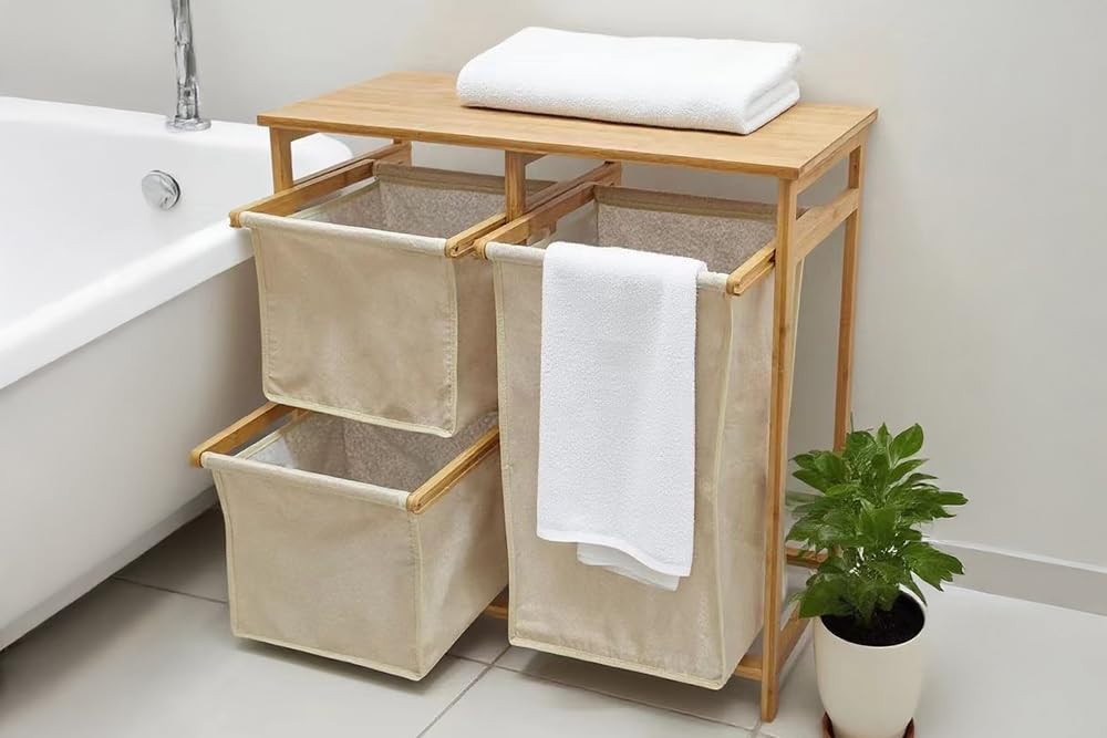 Riess Ambiente Wäschekorb Lagoon SPA - 70cm - beige Natur - Bambusholz | Hohe Belastbarkeit, stabile Konstruktion, textiler Bezug, Massivholz