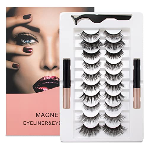 Buqikma Magnetic Eyelashes with Eyeliner, 10Pairs 3D Reusable Magnetic Eyelash Kit with Applicator Tool Tweezers False Eyelashes Natural Looking No Glue Lash Pack (10 Pairs)