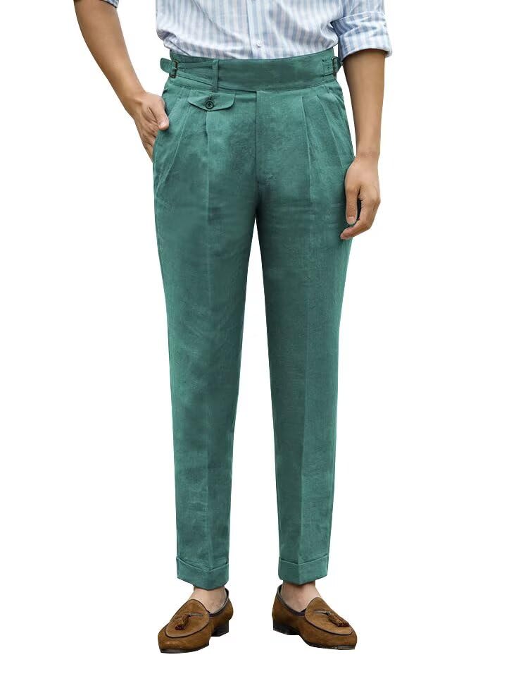 Men’s Linen Dress Pants Vintage Pleat-Front Casual Suit Pants Gurkha Spring Summer Beach Lounge Trouser Long
