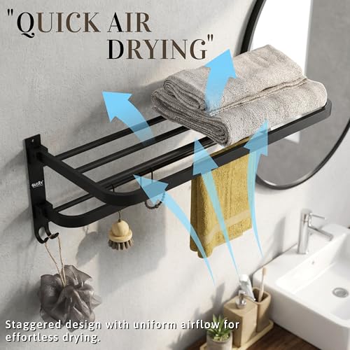 Image of Gloxy Premium Foldable Towel Holder in Bathroom with Towel Rod & Hooks - Stainless Steel Black Matte Finish Bathroom Towel Hanger for Wall Mount Installation - Towel Rack in Bathroom Accessories Set