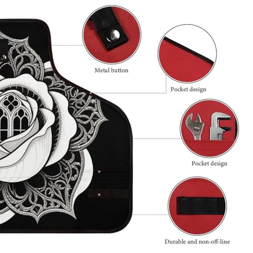 Delantal de trabajo floral negro y blanco con 8 bolsillos miniatura 3