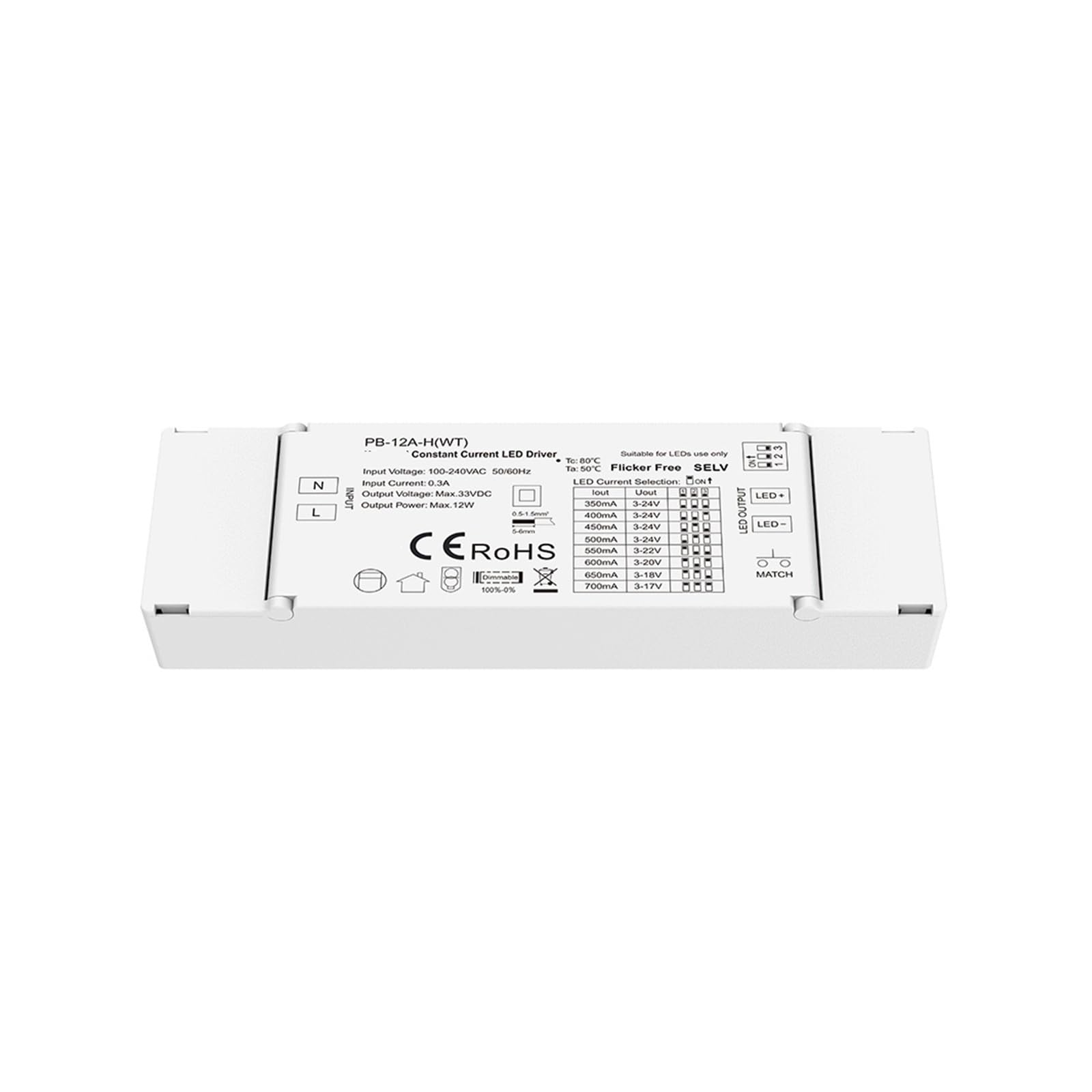 PWANUIGTE Constant Current dimmable LED Driver 12W Power Supply Without Flicker(PB-12A-H(WT) Only)