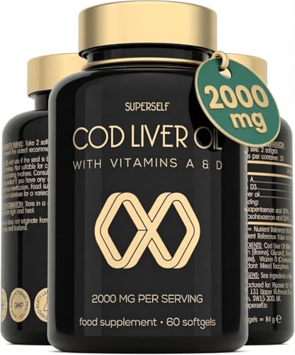 Cod Liver Oil Capsules High Strength 2000mg - Rich in EPA DHA Omega 3 & Vitamins D and A - 60 Softgel Tablets - 1000mg Arctic Cod Liver Oil per Capsule - Odourless & Burp-Free Fish Oil - UK Made
