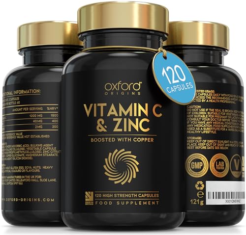 Vitamin C and Zinc Capsules 1200mg Vitamin C Boosted with 40mg Zink & 2mg Copper per Serving | 120 High Strength Vegan Capsules | Balanced VIT C and Zinc Supplements for Women & Men | Made in The UK