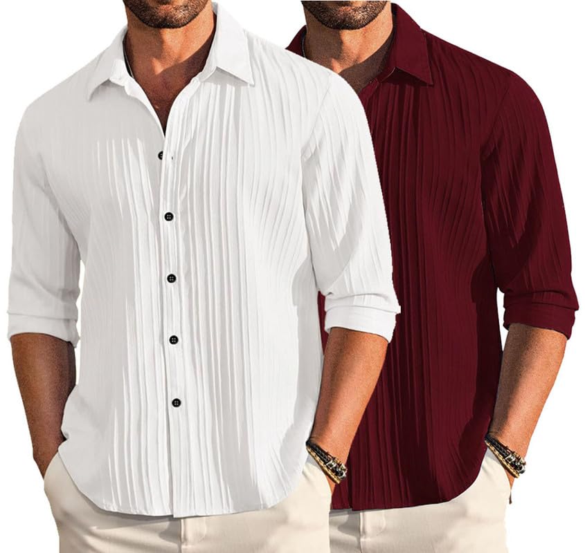 Image of DEELMO Combo of Men's Casual Button Down Shirts Long Sleeve Linen Shirt Fashion Textured Summer Shirts Pack of 2