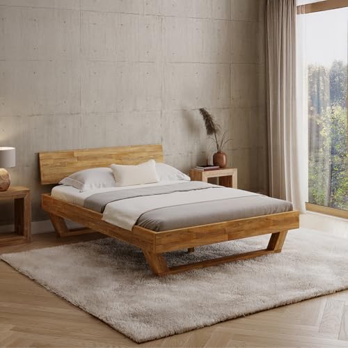 skølm Nornir Massivholzbett 140x200 cm – Bettrahmen aus Massivholz Eiche geölt – hochwertiges Holzbett mit Kufen Bettbeine – Bettgestell mit 1...