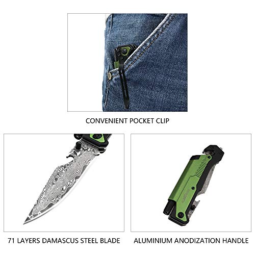 Image of ALBATROSS 6-in-1 Modern Damascus Steel Folding Pocket Knives with LED Light,Seatbelt Cutter,Glass Breaker,Magnesium Fire Starter,Bottle Opener;Multi-Function Emergency Tool(Green-DA)