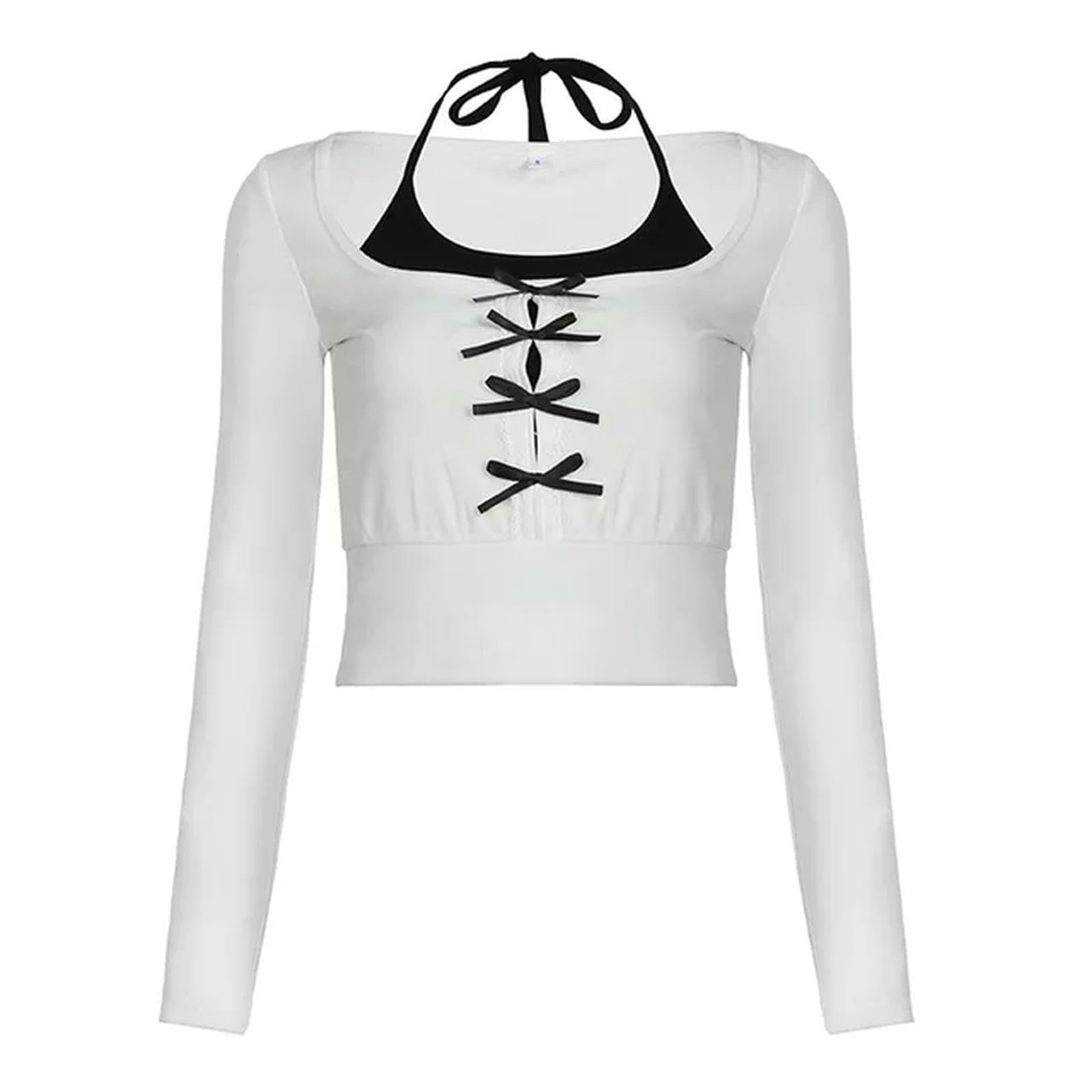 T-shirt Y2K pour femme style faux deux pièces esthétique avec nœud ajouré blanc S