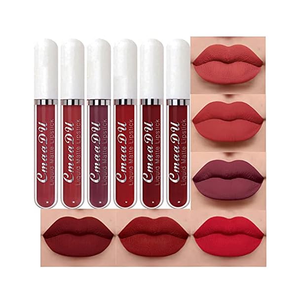 evpct CmaaDu 6Pcs Lipstick Matte Liquid Lipstick Lipgloss Set for Women, Dark Deep Bright Ruby Sexy Brick Red Mauve labiales mate 24 horas originales matte larga duracion 24 Hour Lipstick Long Lasting