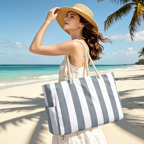 Image of Becokan Women's Pool Swim Bag - Waterproof Sandproof Large Stripe Beach Tote with Zipper