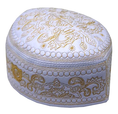 Alwee Muslim Kufi Prayer Hat for Men and Children ALW012 Islam Skull Cap Unique Design Embroidered Topi Ramadan Eid Gift (Wh-Gold, 59 cm. (23.5 inch)), Large