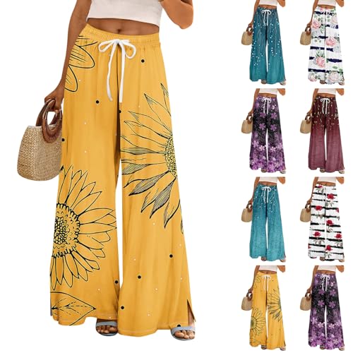 FlekmanArt Dress Pants Women Petite High Waisted Wide Leg Summer Beach Vacation Pants Boho Lounge Casual Palazzo Trousers Yellow