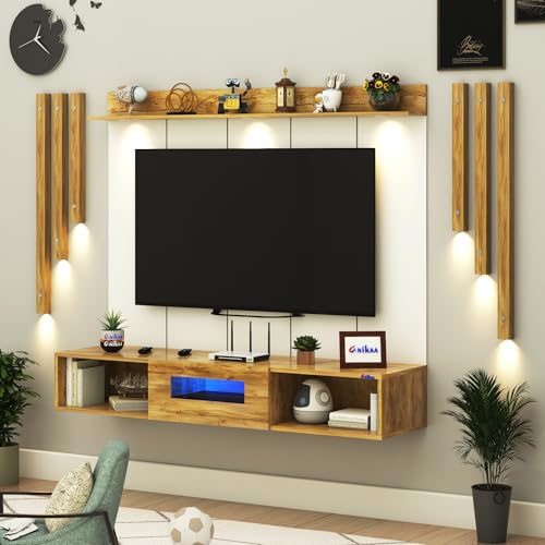 Image of Anikaa NovusPro Engineered Wood Wall Mount TV Unit with PVC Back Panel, Acrylic Blue LED Storage Box, Side Wooden Accent Spot Light Panels I Deal for Up to 50 Inch TV (Giantwood - DIY Installation)