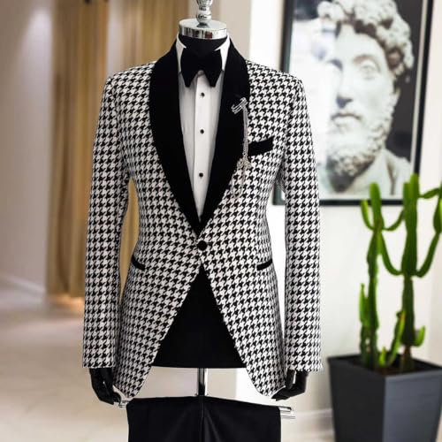 Men's Houndstooth Blazer Suit with Slim Fit Pants Black 1 Button Closure4