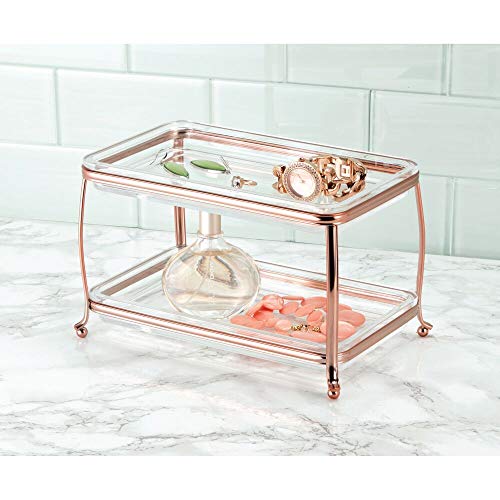mDesign Decorative Makeup Storage Organizer Vanity Tray for Bathroom Counter Tops, 2 Levels to Hold Makeup Brushes, Eyeshadow Palettes, Lipstick, Perfume and Jewelry - Rose Gold/Clear