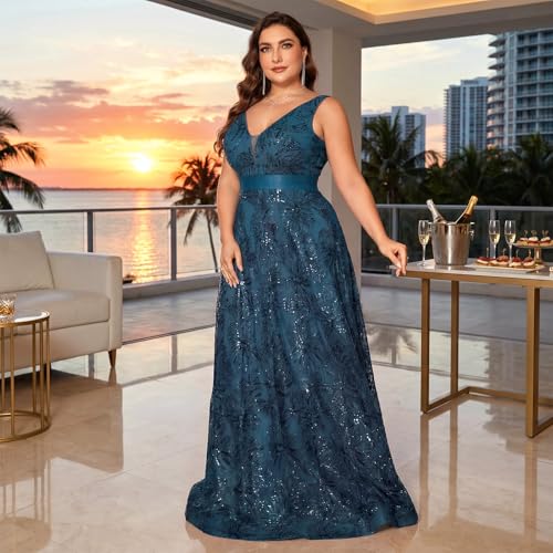 Image of Plus Size Formal Dresses for Women with Embroidery Sequin and V-Neck, A-Line Maxi Dress for Wedding and Cocktail