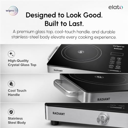 Image of Wipro Elato CIRC201 Infrared Radiant Cooktop 2200W |Works With ALL Cookware - Kadai, Glass, Clay, Aluminium & Steel |Preset Menus, Timer & Overheat Protection |Crystal Glass Top|Black|1 Year Warranty