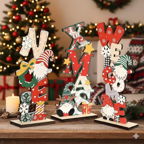 3 Stück Weihnachtstisch Dekoration Holz – Festliche Xmas & Noel...