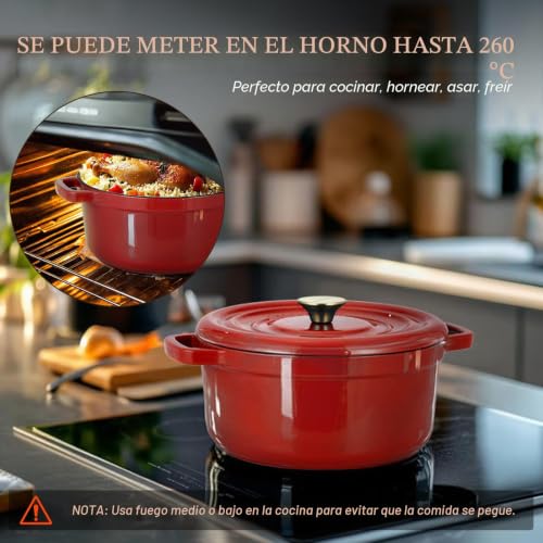 Miniatura 8 de Overmont Horno Holandés De Hierro Fundido Esmaltado, Olla De 5 Cuartos Con Tapa, Libro De Cocina Y Agarraderas De Algodón, Utensilios De Cocina Resistentes Para Estofar, Guisos, Asar, Hornear Pan,Rojo