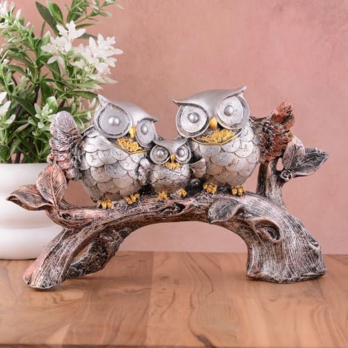 Image of Owl Family Sitting on Tree Decorative Bird Showpieces Statue for Home Decor Living Room Bedroom Wall Shelf Table Top Garden Decoration Items -1