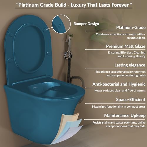 Image of Plantex Ceramic Wall Hung Toilet /Rimless Western Commode for Bathroom /Commode with Soft Closing Toilet Seat - P Trap (Matt Blue)