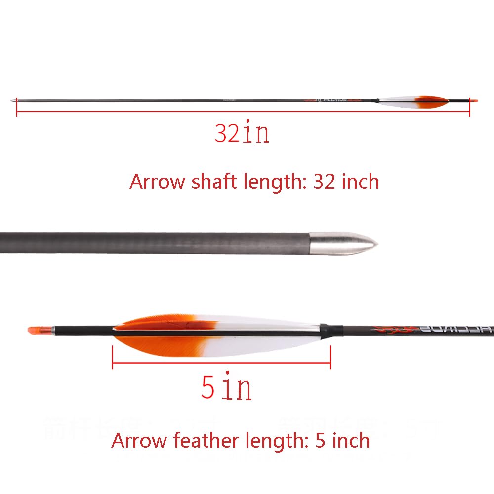 12 pz ID 4,2 mm Frecce in Puro-Carbonio Spine 300 350 400 500 600 700 800 900 1000 1100 1300 1500 1800, Arancione Bianco Gradient Colour Piuma di Tacchino per Pratica di Tiro con L'Arco e Caccia