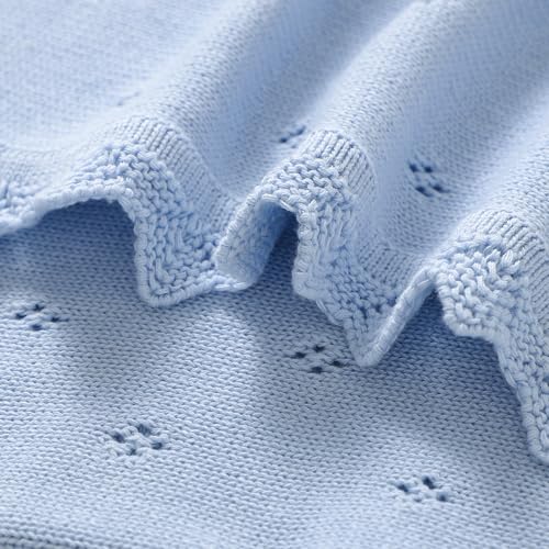 Image of mimixiong Cotton Baby Blanket Knitted Crochet Receiving Crib | Nursery Swaddling Blankets for Newborn Baby Boy Girl LightBlue 30x40 Inch