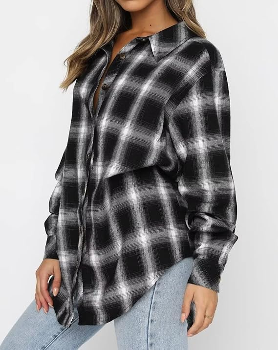 Image of Lacozy Womens Buffalo Plaid Flannel Shirt Long Sleeve Collar Button Down Blouses Tops