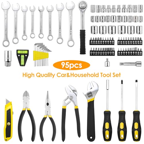 Image of TLGREEN 95-Piece Mechanic Tool Set with Storage Case, Yellow | Car Tool Kit And Wrench Tool Set with Pliers, Sockets And Bits; Organized Case for Household Maintenance And Garage Repairs