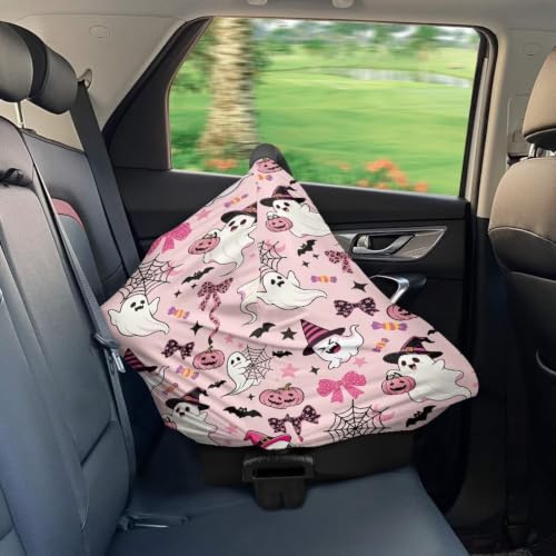 Image of Wanyint Infant Car Seat Cover Baby Carseat Scarf Stretchy Nursing Scarf Car Seat Canopy Breathable Nursing Cover for Boys Girls Halloween Decor, Cute Ghost Witch Bow Pink