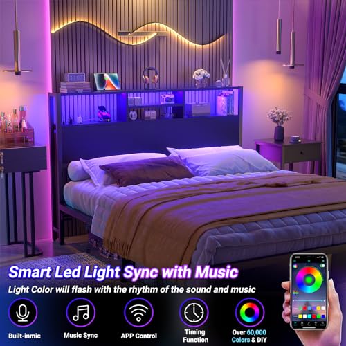 Image of Aheaplus Headboard for Queen Size Bed with Storage, Headboards with Outlets | Queen Size Head Board Only, USB Ports and LED Light, Height Adjustable, Reversible, Sturdy and Stable Headboard, Black