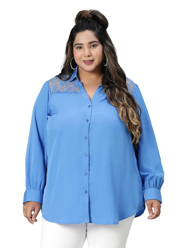 Image of oxolloxo Women Plus Size lace Detailed Collared Long Sleeve Shirt
