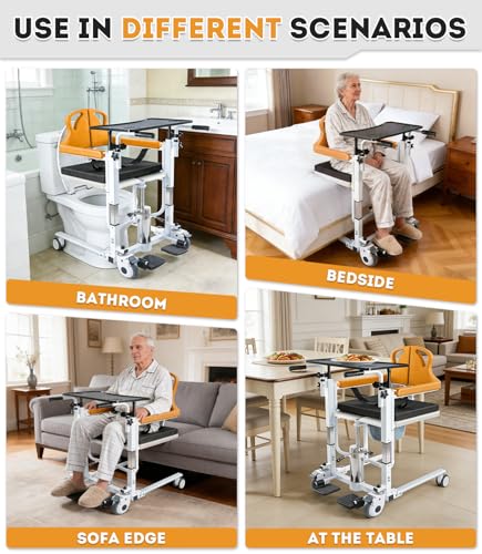 Image of Patient Lift Transfer Chair, 6 in 1 Patient Lift Chair with 180Split Seat for Home, Height Adjustable Portable Lift Nursing Chair with 4 Casters, Commode & Seat Cushion for Seniors Elderly, Orange
