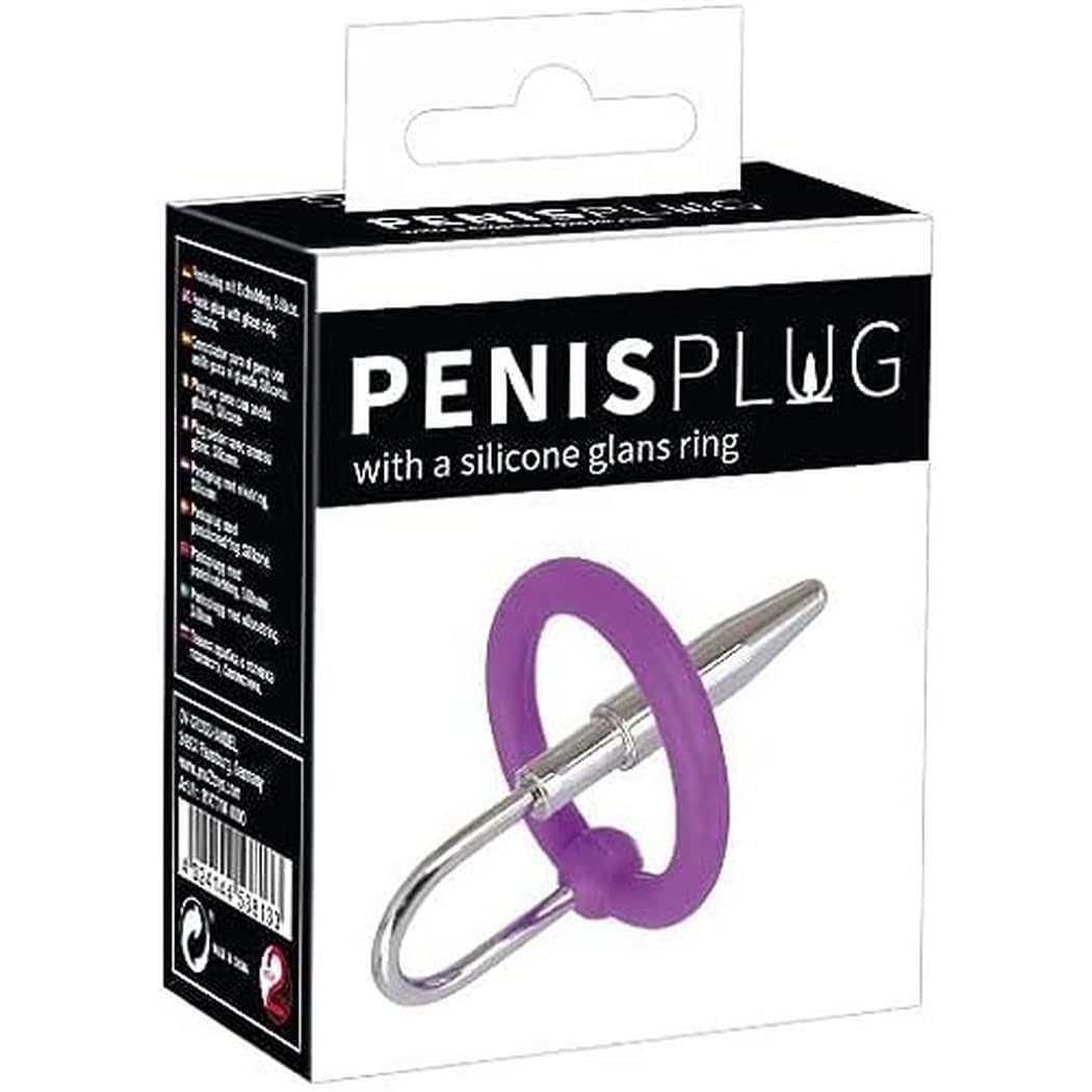 Penis Plug + Silicone Glans Ring Purple, Silver 6.5 cm