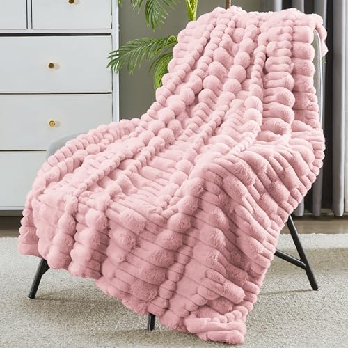 JONIYEAR Soft Fluffy Striped Faux Rabbit Fur Throw Blanket for Couch 50