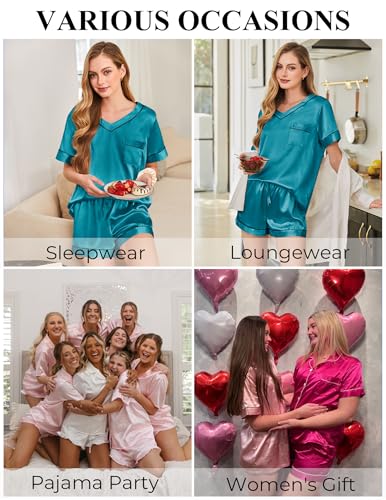 Image of Silk Pajamas for Women Short Sleeve Satin 2 Piece Pj Set Soft V Neck Sleepwear Loungewear, S-XXL
