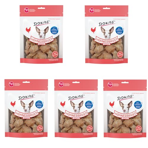 Dokas Hühnerbrust Nuggets 5er Pack, 5 x 110 g, Ergänzungsfuttermittel für Hunde, Hergestellt aus fettarmem Hühnerbrustfilet, Hoher Proteingehalt, Ohne künstliche Zusätze