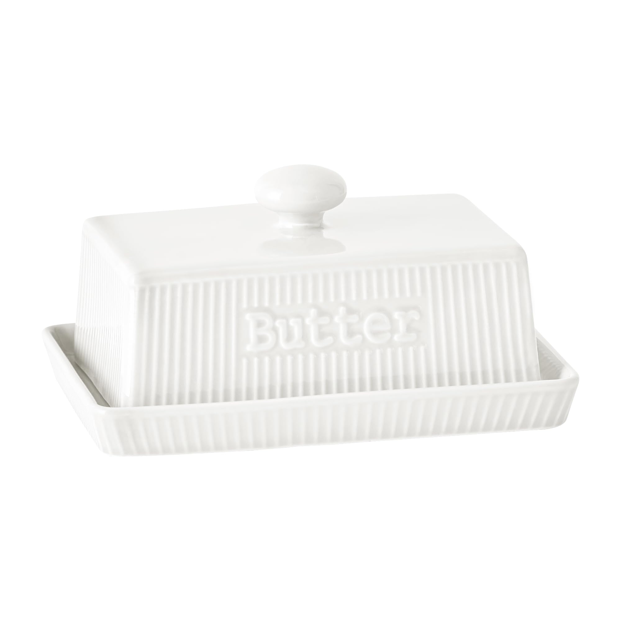 weiß Butterdose Keramik für 250g Butter, rechteckige Butterglocke, Butterschale mit Deckel und Griff, Butterbox Spülmaschinenfest, Butterbehälter im Landhausstil für Haus und Küche
