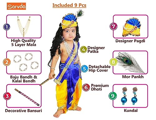 Image of Sarvda Shree Krishna Dress for Baby Boy & Radha Dress for Girls | Janamashtami Dress | Fancy Dress Costume with Accessories Dhoti, Dupatta, Mukut Flute Complete set, Ethnic wear